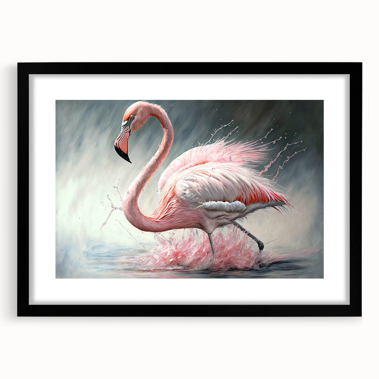 Framed wall art featuring a vibrant flamingo design, set in a sleek black frame with a mat, perfect for adding a tropical touch to home decor.