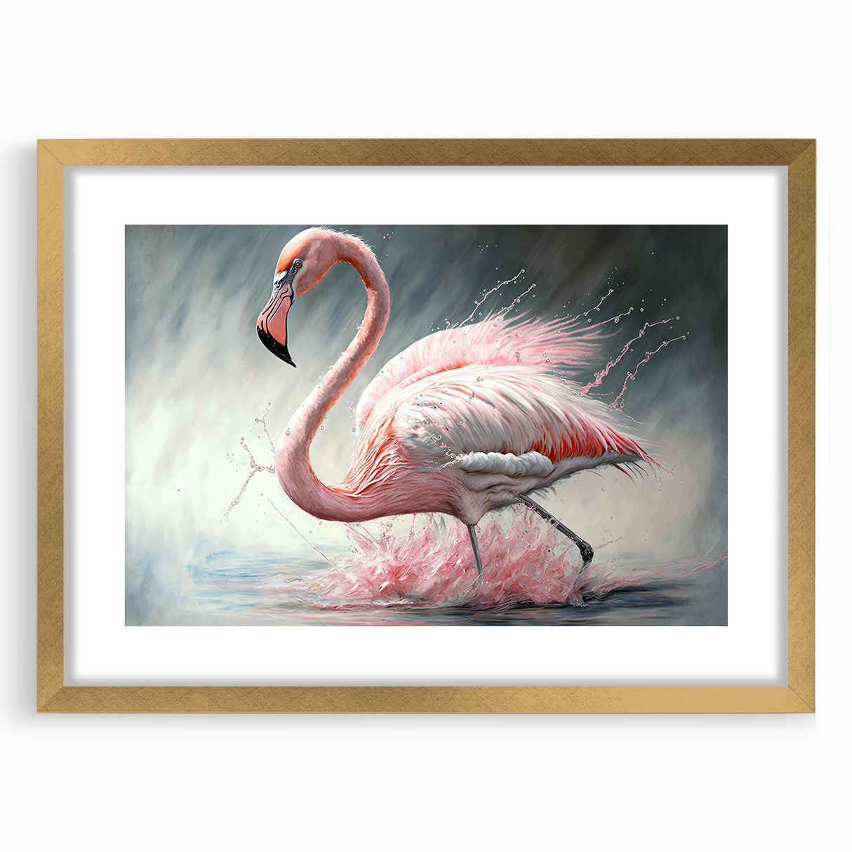Framed wall art featuring a vibrant flamingo design, elegantly displayed in a gold frame with a mat, perfect for adding a touch of tropical decor to any room.