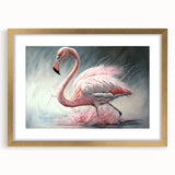Framed wall art featuring a vibrant flamingo design, elegantly displayed in a gold frame with a mat, perfect for adding a touch of tropical decor to any room.