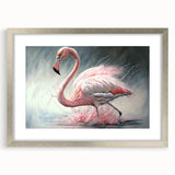 Framed wall art featuring a vibrant flamingo design, elegantly set in a silver frame with a mat, perfect for enhancing modern decor in living spaces.
