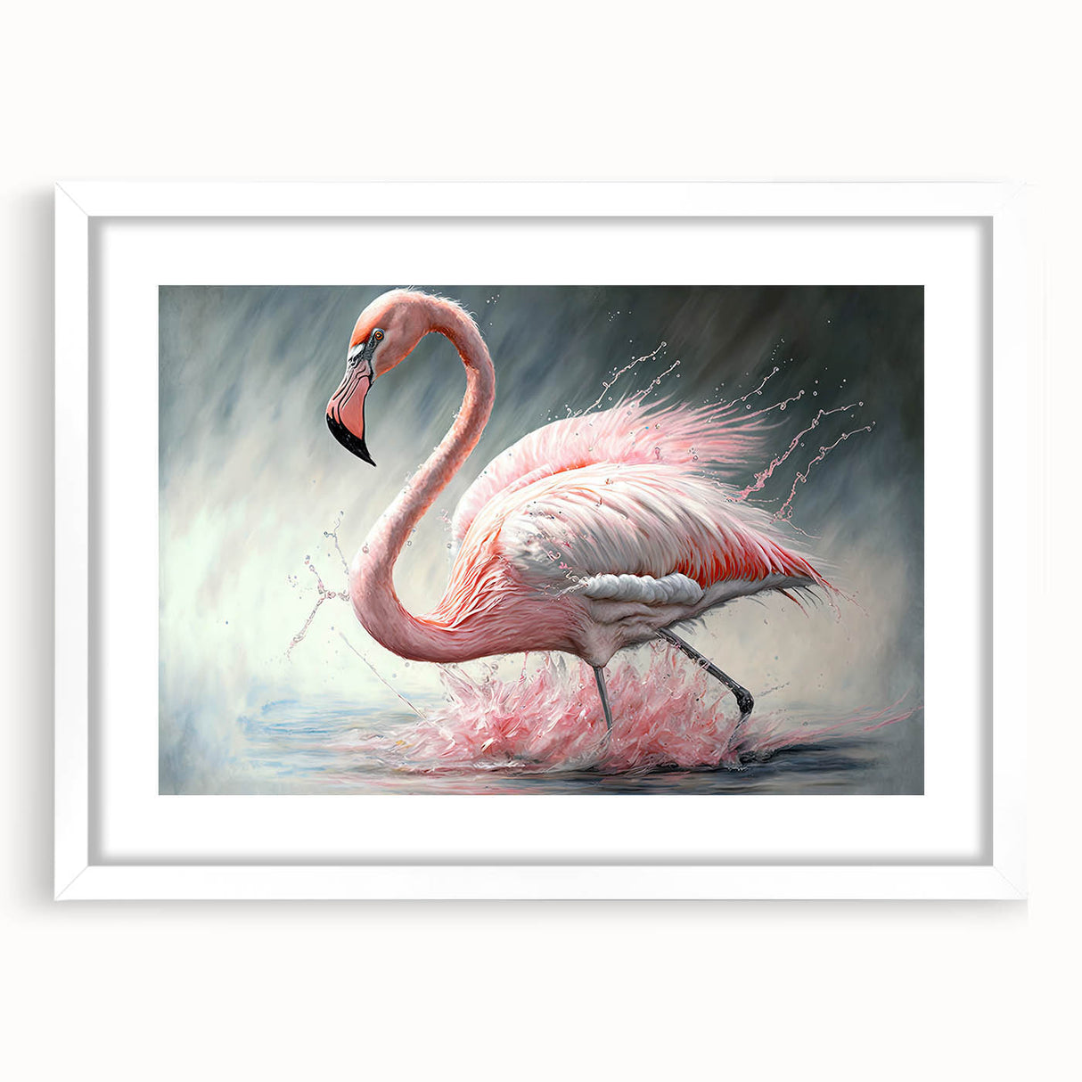 Framed wall art featuring a vibrant flamingo design, set in a white mat and frame, perfect for enhancing modern home decor with a tropical touch.