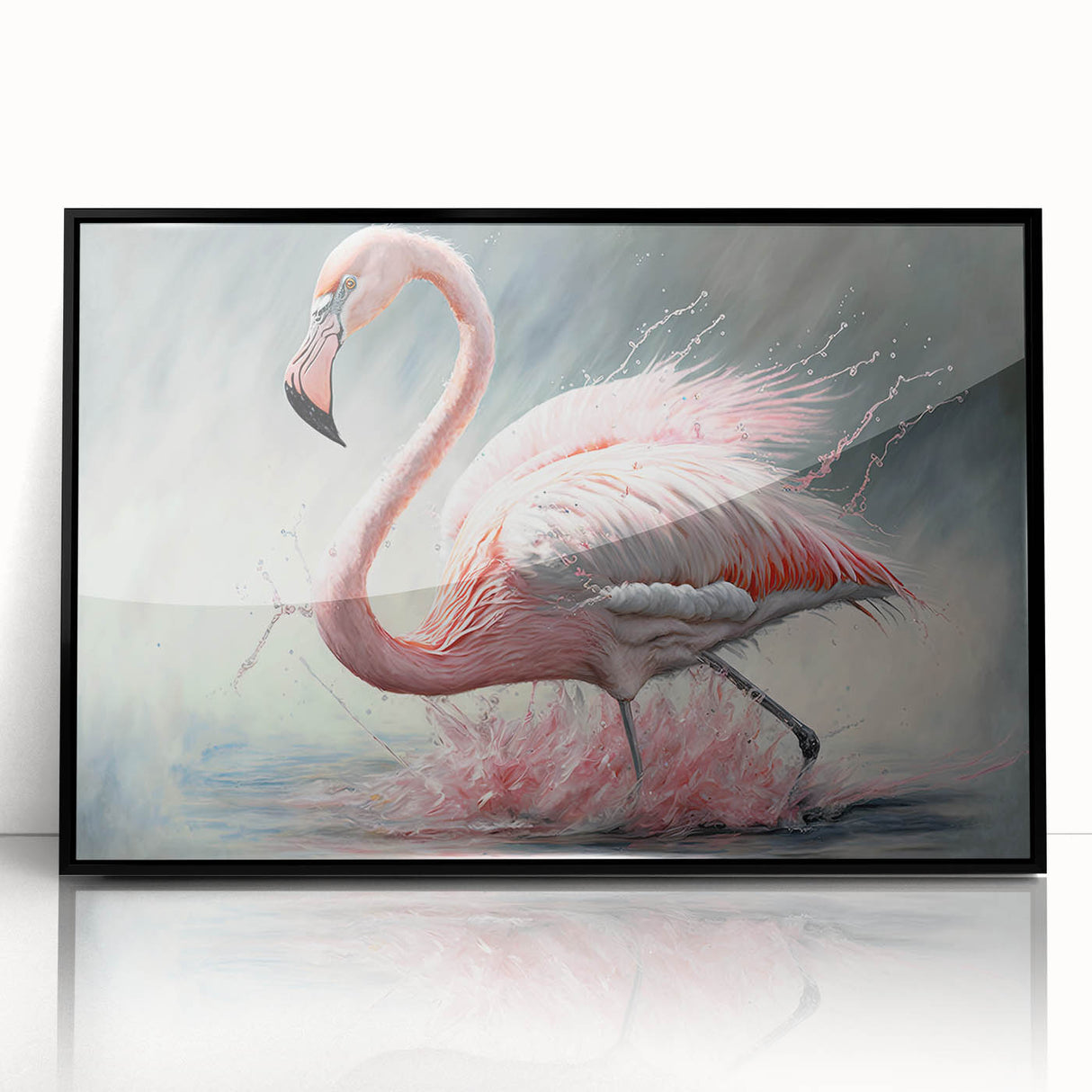 Framed acrylic wall art featuring a vibrant flamingo design with a sleek black frame, perfect for adding a touch of tropical elegance to any decor.