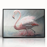 Framed acrylic wall art featuring a vibrant flamingo design with a sleek black frame, perfect for adding a touch of tropical elegance to any decor.