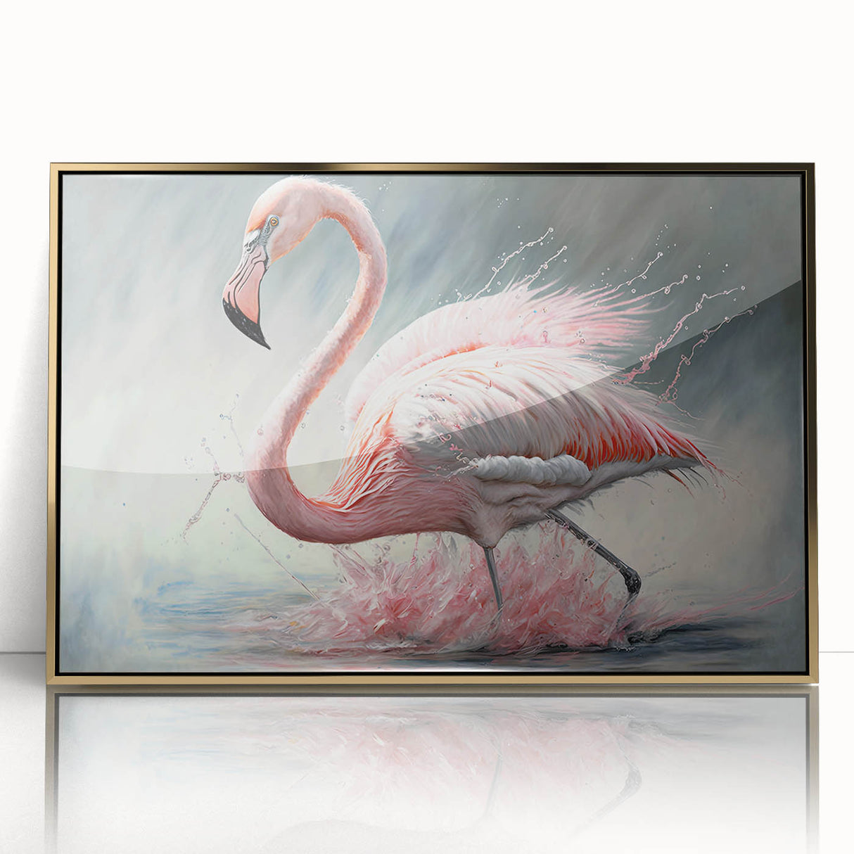 Framed wall art featuring a vibrant flamingo design with a gold acrylic front, ideal for modern interior decor. Perfect addition to elevate any living space.