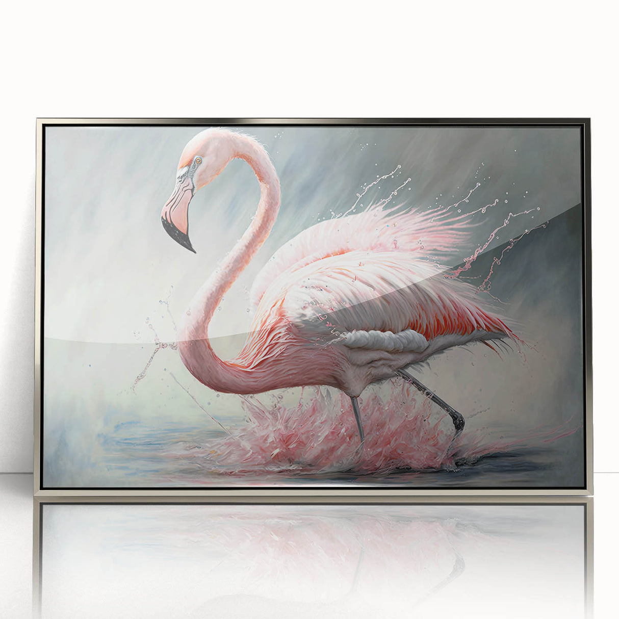 Framed wall art featuring a vibrant flamingo design in a sleek silver frame, showcasing colorful tropical birds against a subtle backdrop, perfect for modern decor.