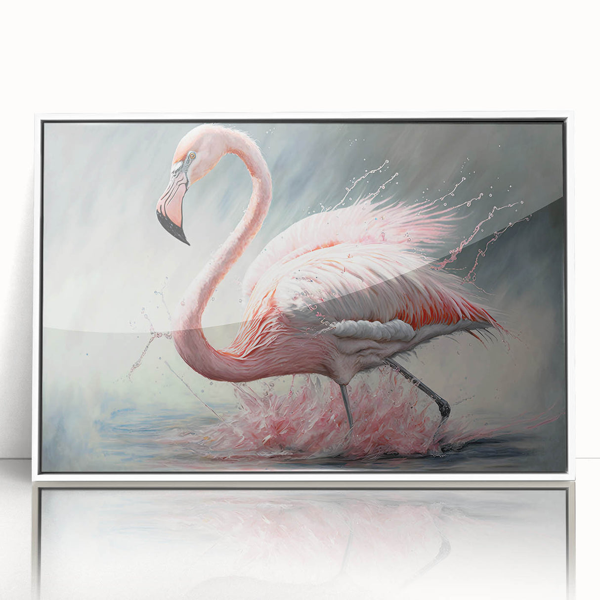 Framed wall art featuring a vibrant flamingo design in acrylic, showcasing colorful tropical birds against a white background, perfect for adding a lively touch to home decor.