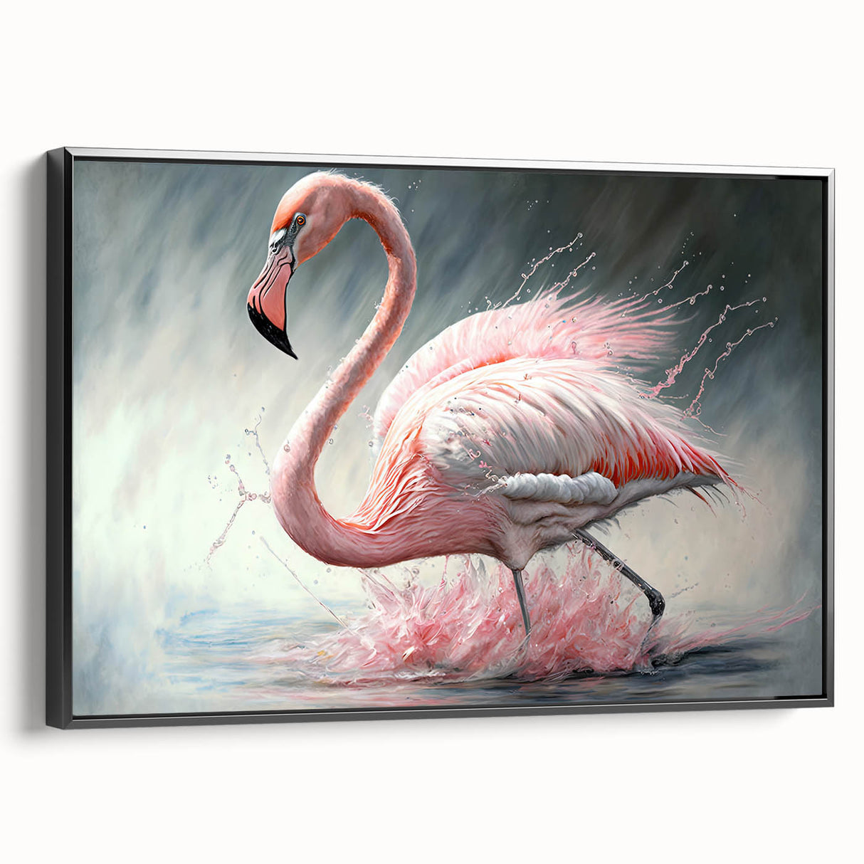 Framed canvas wall art featuring a vibrant flamingo design, displayed from a black side perspective, perfect for adding a tropical touch to home decor.