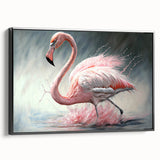 Framed canvas wall art featuring a vibrant flamingo design, displayed from a black side perspective, perfect for adding a tropical touch to home decor.
