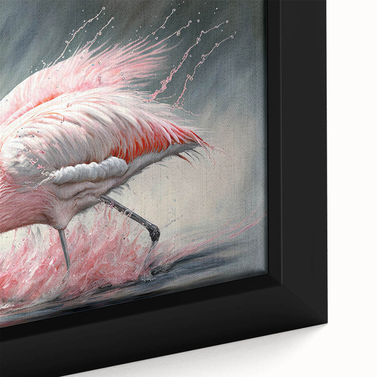Framed canvas wall art featuring a vibrant close-up design of pink flamingos amidst lush green foliage, perfect for adding a tropical touch to home decor.