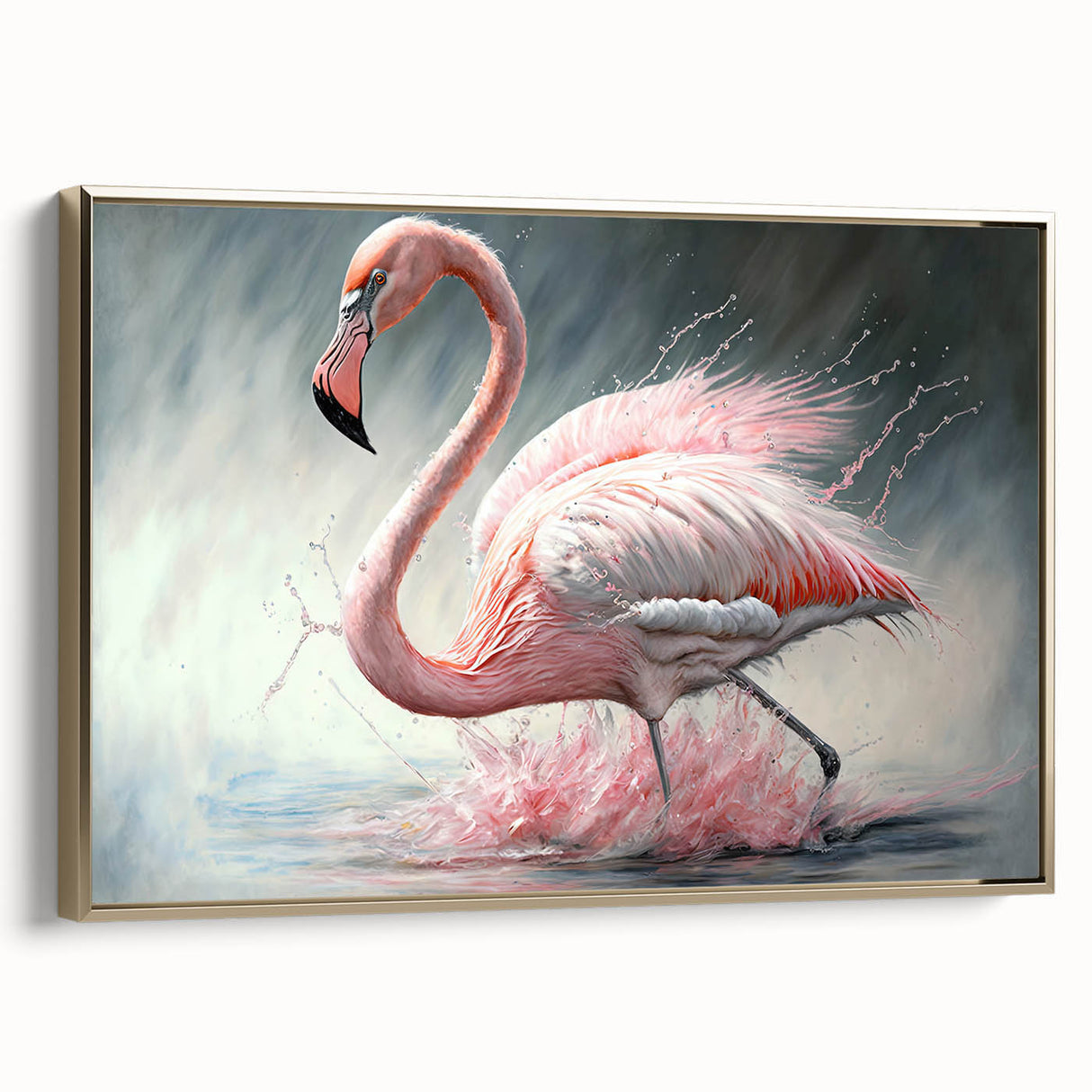 Framed canvas wall art featuring a vibrant flamingo design in gold tones, showcasing a side view that highlights its elegant silhouette and intricate details, ideal for home decor.