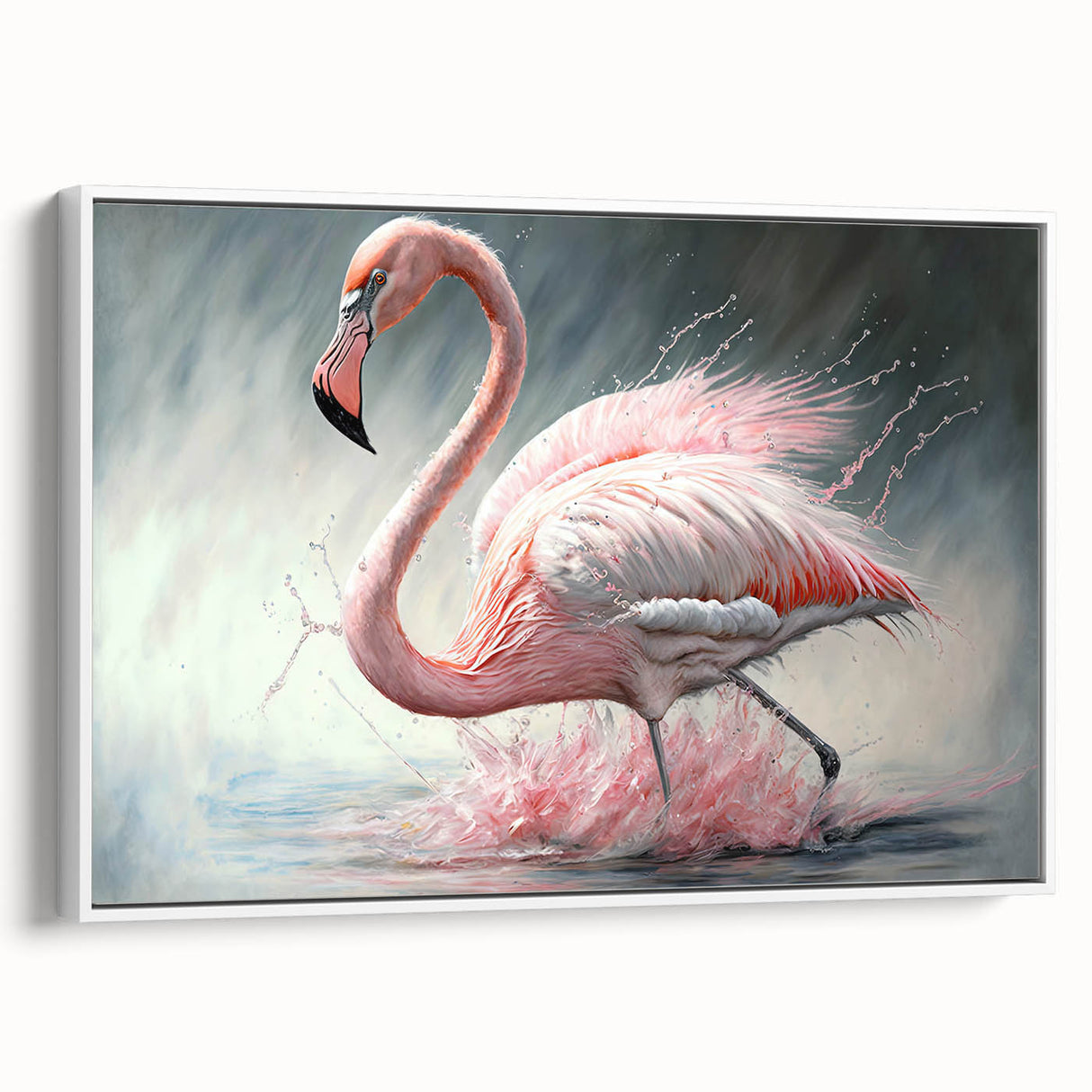 Framed canvas wall art featuring a vibrant flamingo design in shades of pink and white, displayed in a chic setting. Perfect for modern home decor.