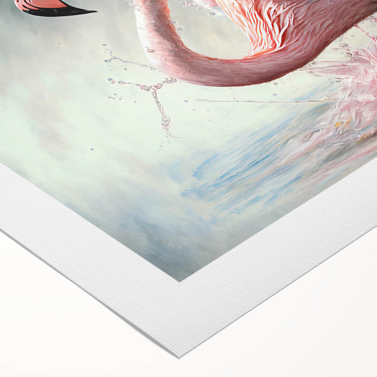 Flamingo-themed rolled canvas wall art design showcasing vibrant pink flamingos against a serene blue background, ideal for adding a tropical touch to home decor.