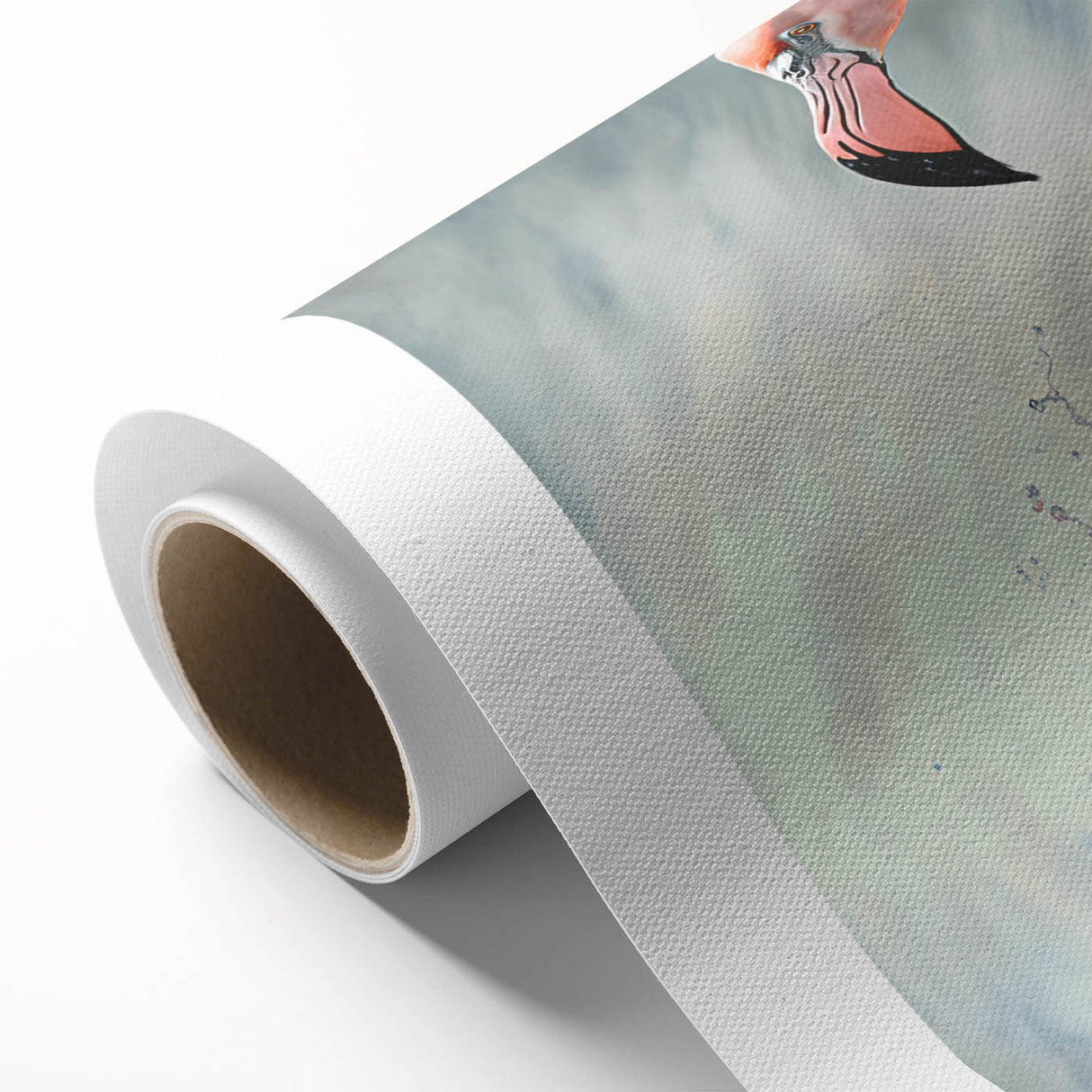 Flamingo-themed wall art design on rolled canvas, showcasing vibrant pink and green colors, ideal for modern home decor, packaged securely in a cardboard tube.