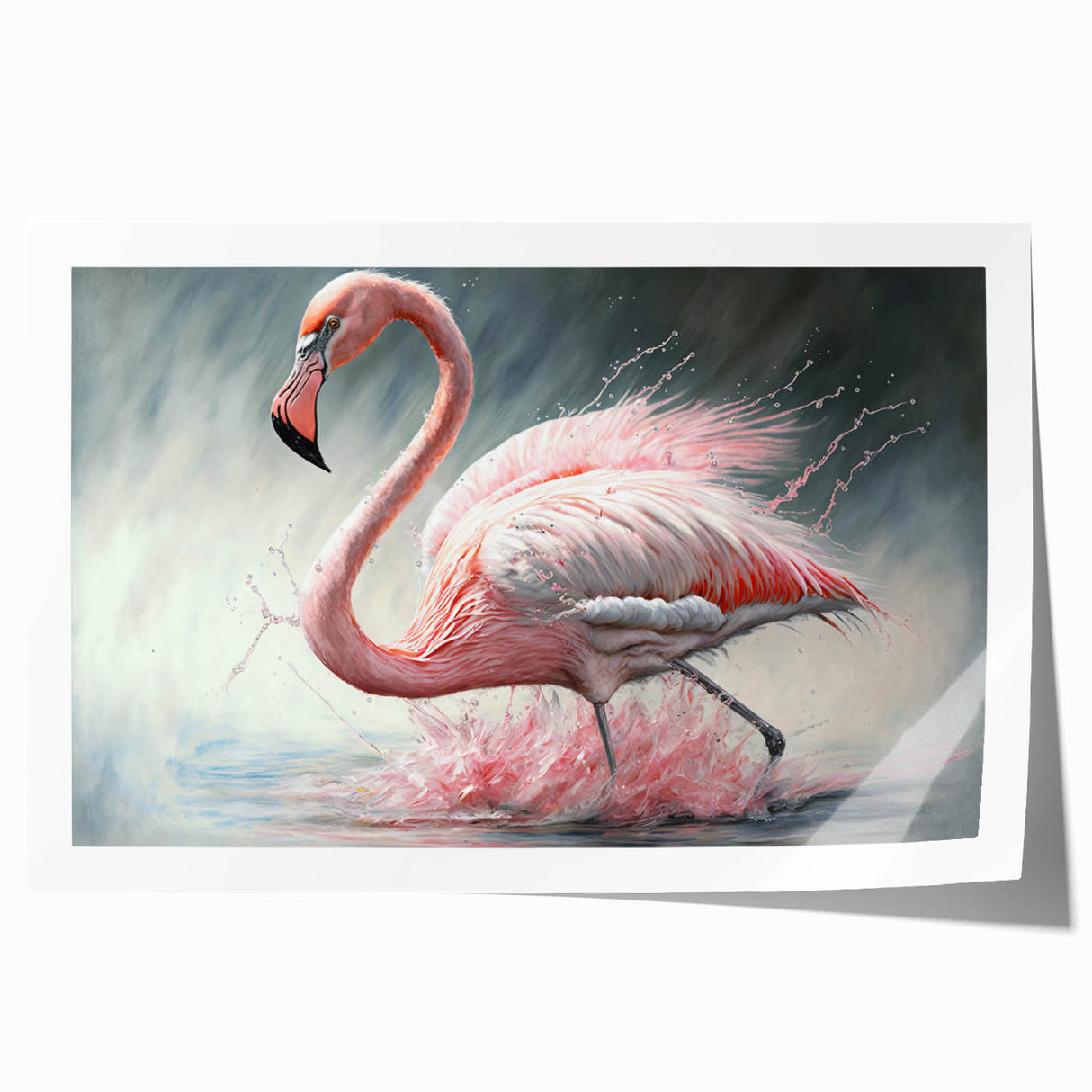 Flamingo-themed wall art print showcasing vibrant pink flamingos against a soft pastel background, ideal for tropical decor and nature enthusiasts.
