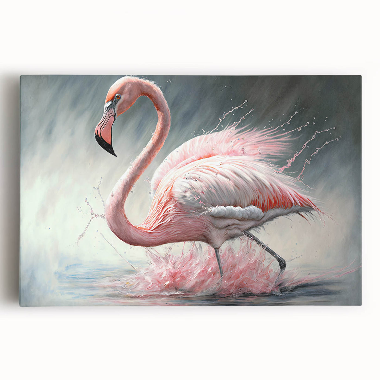 Vibrant flamingo design in a stretched canvas wall art piece, showcasing pink and orange hues against a soft pastel background, perfect for modern decor.