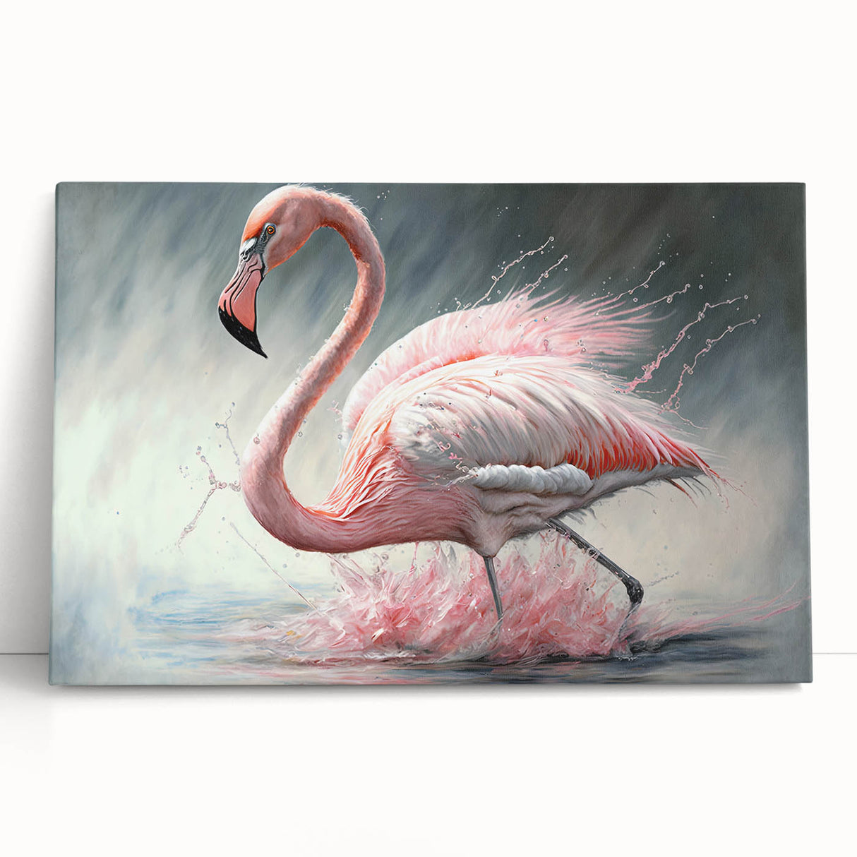 Stretched canvas wall art showcasing a vibrant flamingo design, featuring shades of pink and green, perfect for adding a tropical touch to home decor.