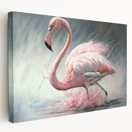 Elegant flamingo design stretched canvas wall art showcasing vibrant pink colors and tropical elements, perfect for modern home decor or tropical-themed interiors.