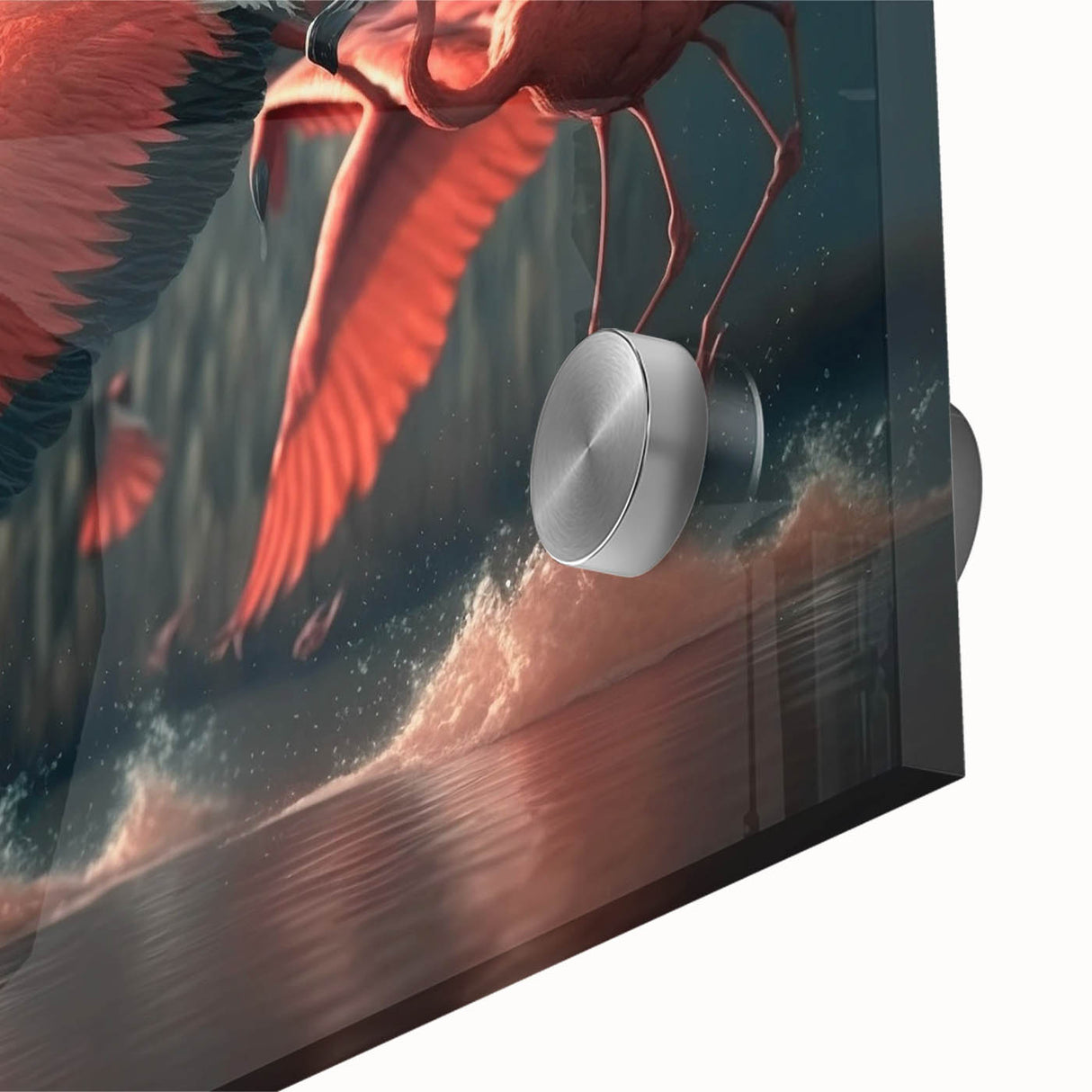 Close-up of a vibrant flamingo wall art design printed on acrylic glass, showcasing intricate details and bright colors, perfect for modern home decor.