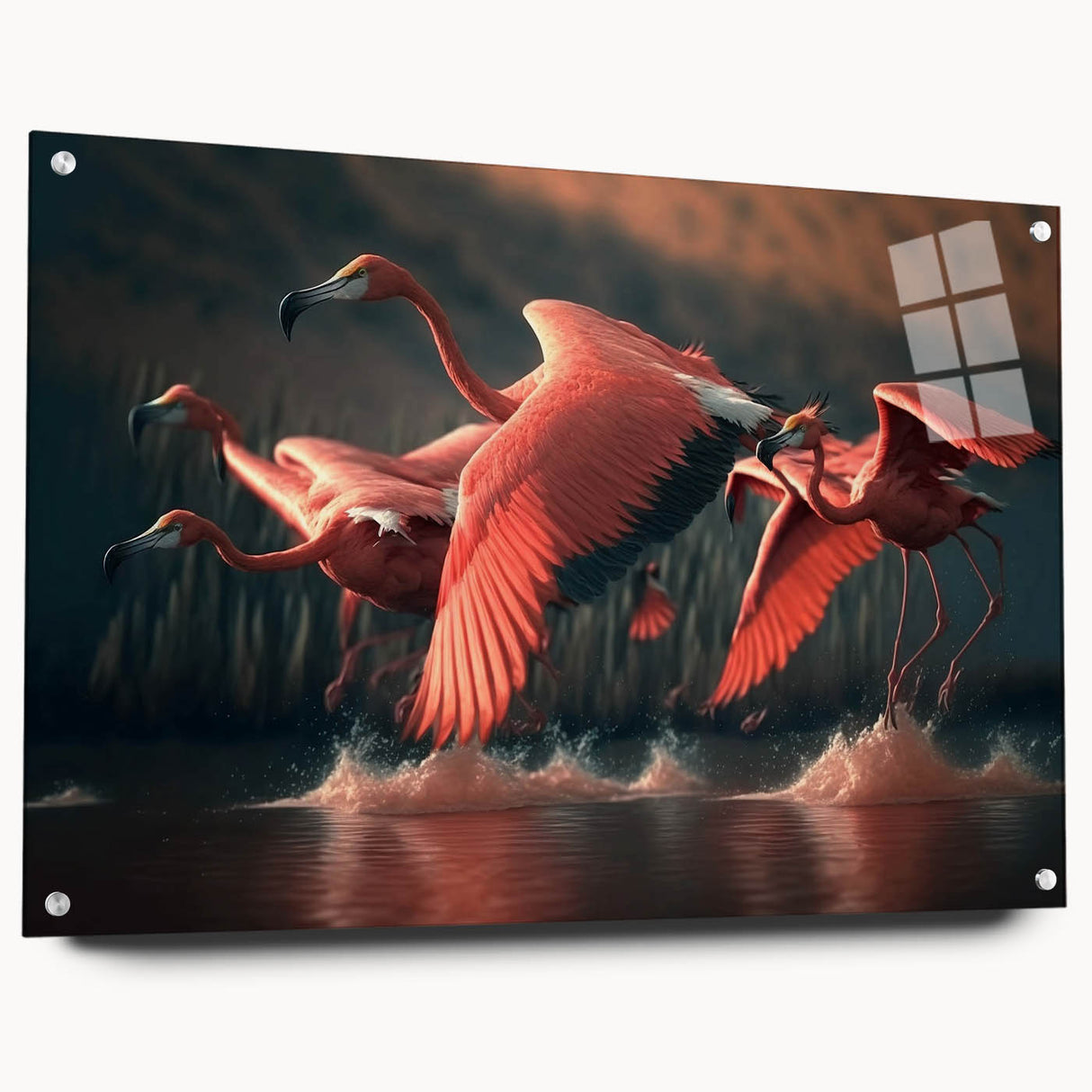 Flamingo-themed wall art displayed in a sleek acrylic frame, showcasing vibrant colors and detailed design elements, perfect for modern home decor.