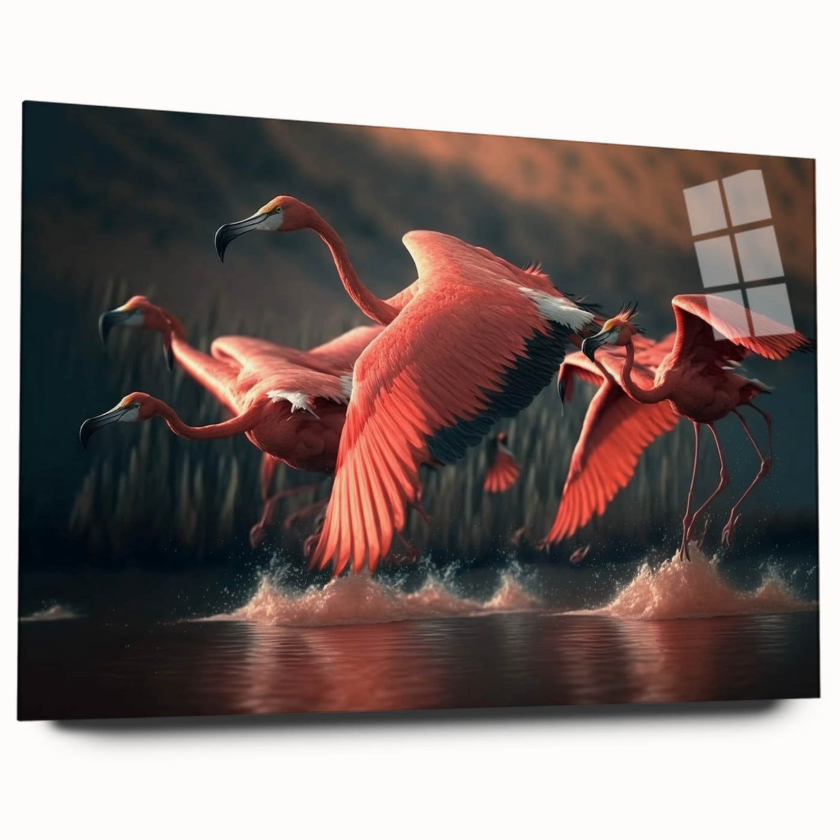 Acrylic wall art featuring a vibrant flamingo design, showcasing vivid pink hues against a sleek glass background, ideal for modern home decor.