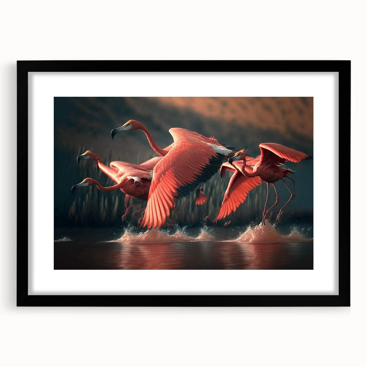 Framed wall art featuring a vibrant flamingo design in a black frame with a mat, ideal for home decor, adding a tropical touch to any space.