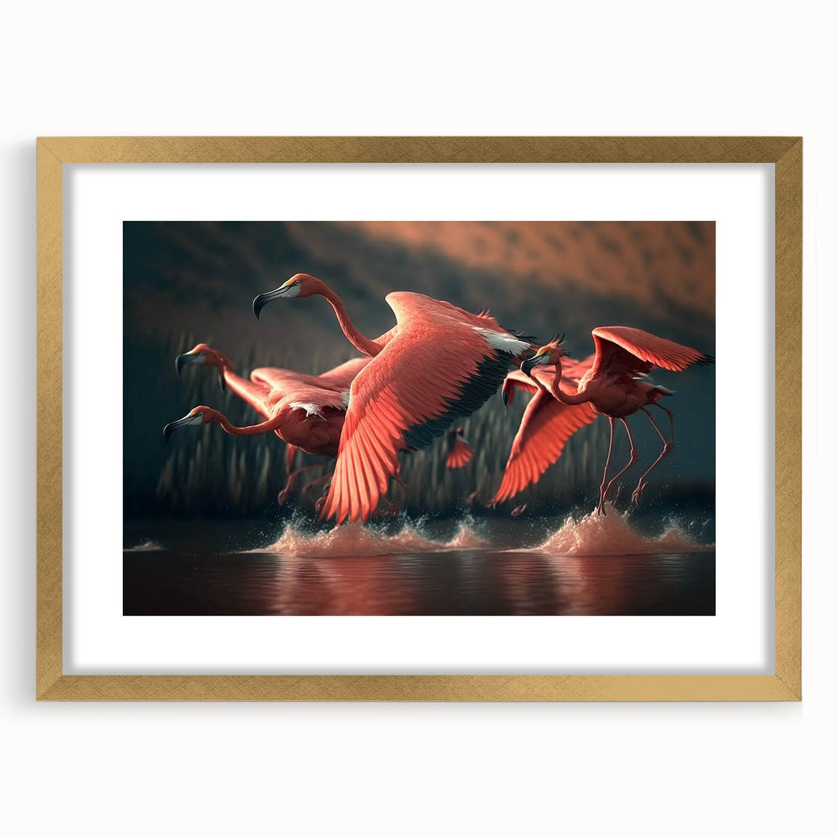 Elegant flamingo wall art design in a gold frame with matting, showcasing a vibrant pink flamingo against a soft background, perfect for modern decor.