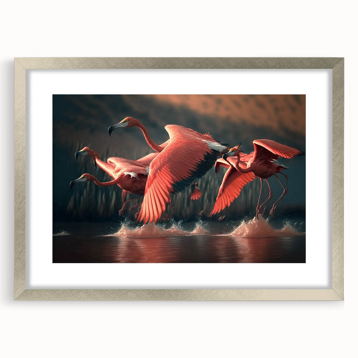 Framed wall art featuring a vibrant flamingo design in shades of pink and green, elegantly presented with a silver frame and mat, perfect for home decor.