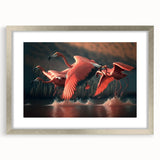 Framed wall art featuring a vibrant flamingo design in shades of pink and green, elegantly presented with a silver frame and mat, perfect for home decor.