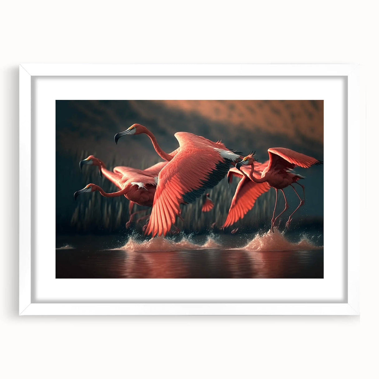 Framed wall art featuring a vibrant flamingo design with a white mat, showcasing tropical colors, perfect for adding a lively touch to home decor.
