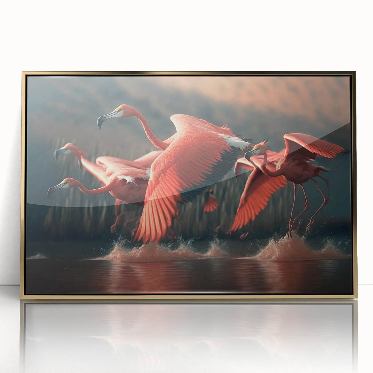 Framed wall art featuring a vibrant flamingo design with a gold-acrylic finish, ideal for modern decor. Perfect for adding a tropical touch to living spaces.