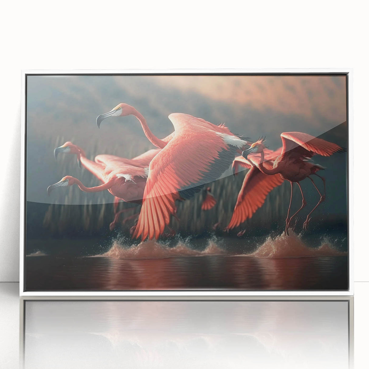 Framed wall art featuring a vibrant flamingo design in acrylic, showcasing a white frame and sleek front view, ideal for modern home decor accents.