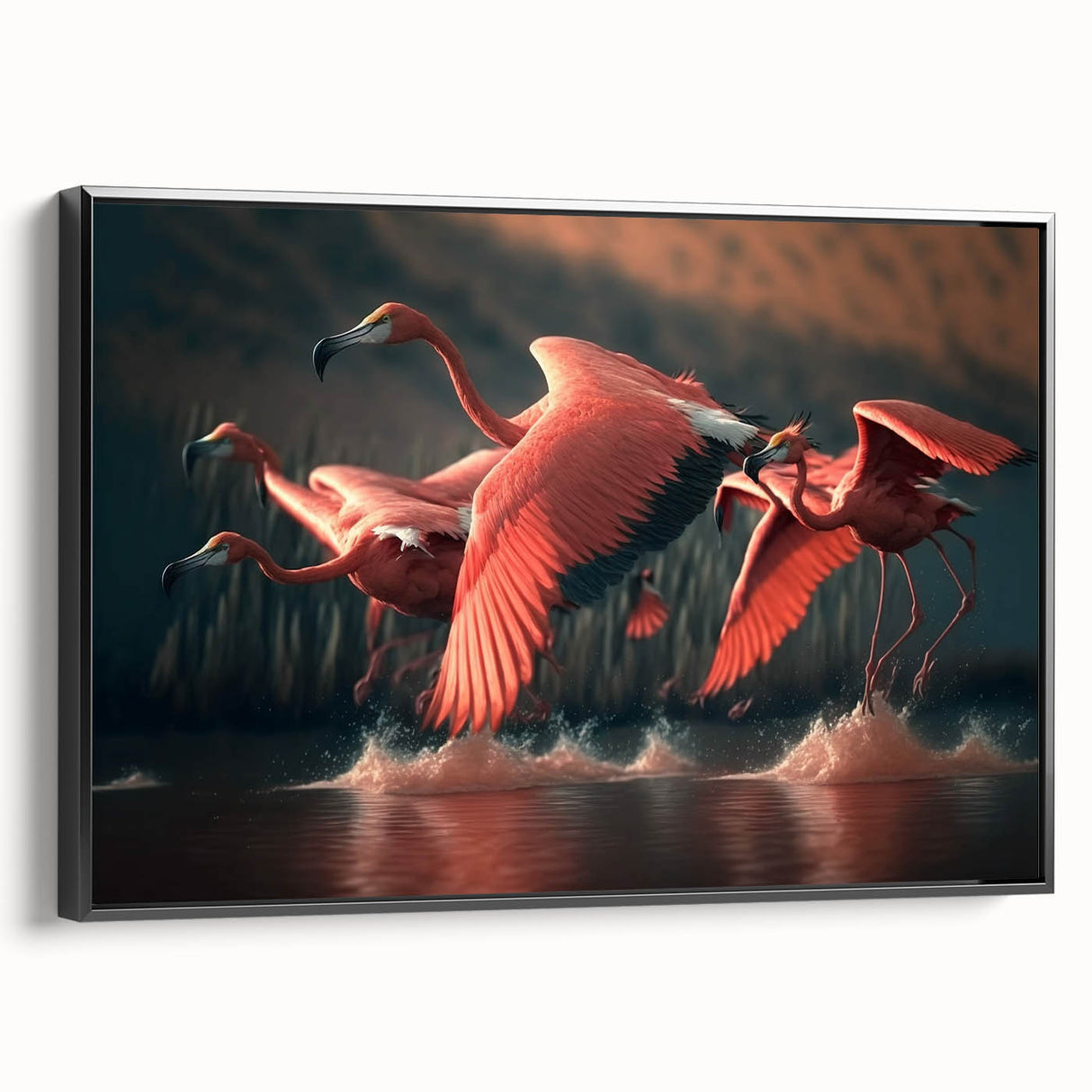 Framed wall art featuring a vibrant flamingo design on canvas, showcasing a black frame and side view, perfect for modern home decor.