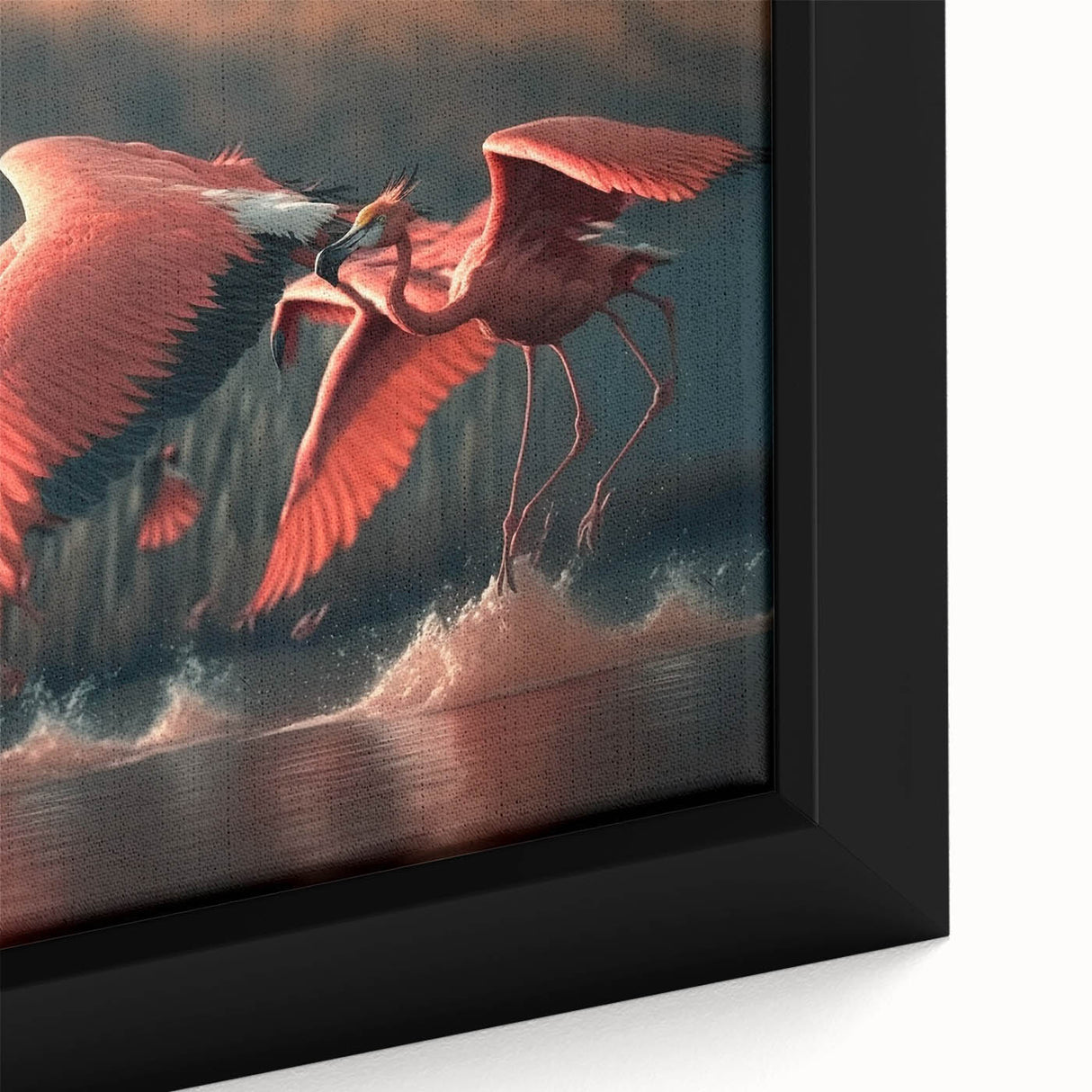 Close-up of a vibrant flamingo-themed wall art design on a framed canvas, showcasing intricate details and bold colors, perfect for tropical decor enthusiasts.