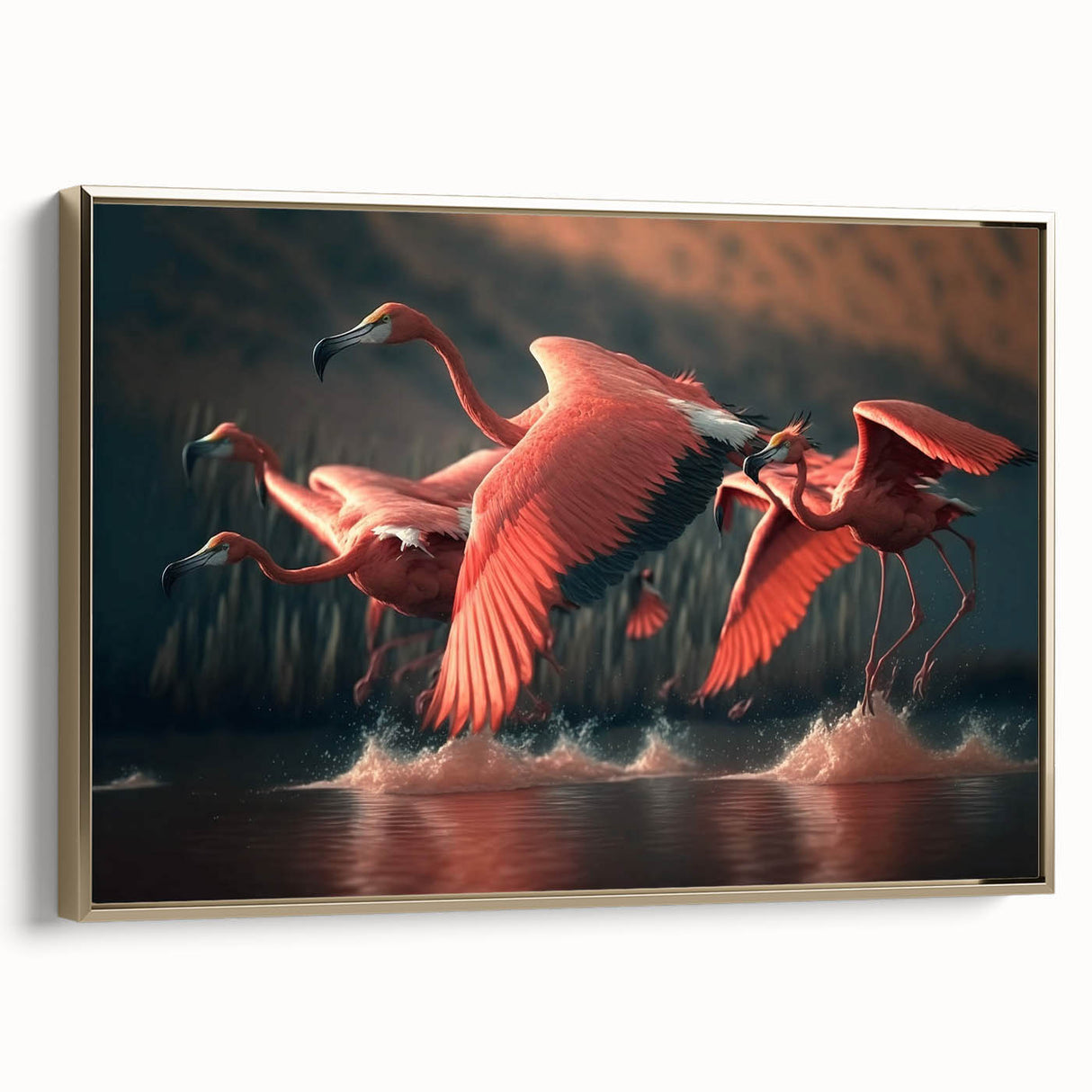 Framed wall art featuring a vibrant flamingo design in shades of pink and gold, elegantly displayed in a modern frame, ideal for enhancing home decor aesthetics.