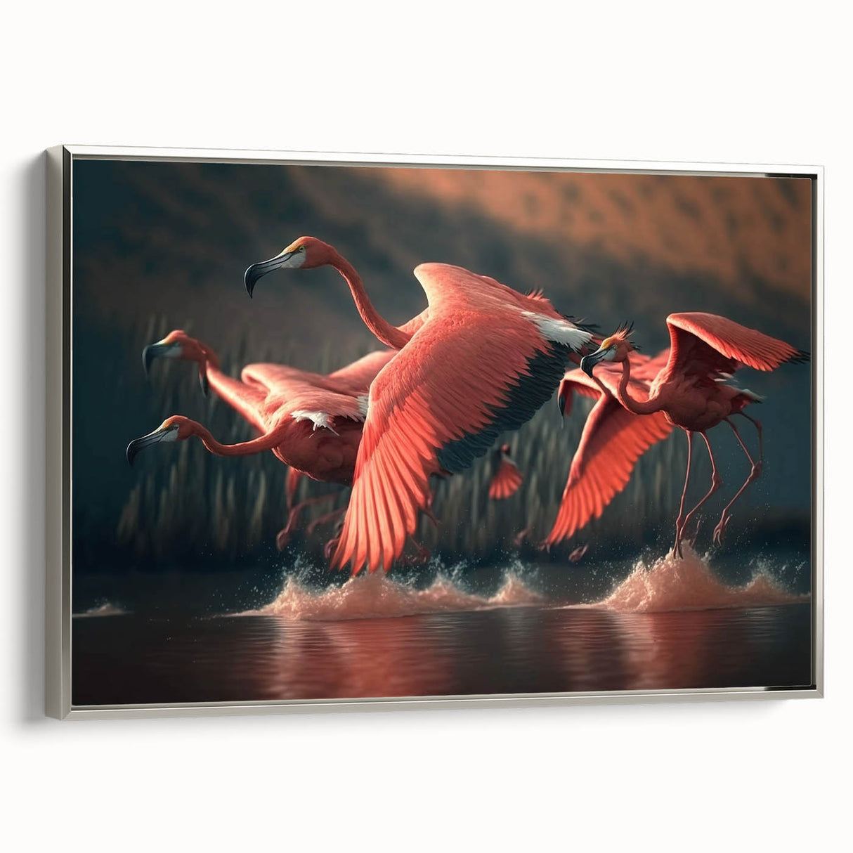 Framed canvas wall art featuring a vibrant flamingo design, elegantly showcased with a sleek silver frame, perfect for modern home decor.