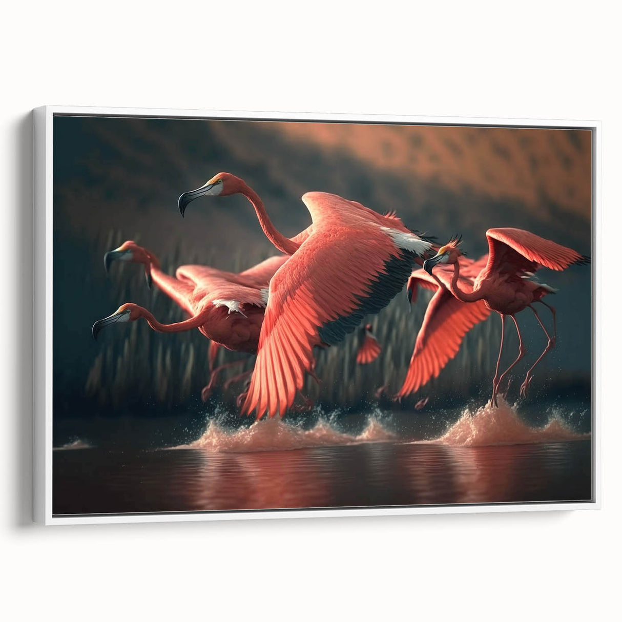 Framed canvas artwork showcasing elegant pink flamingos against a white background, ideal for modern home decor and tropical-themed interiors. The piece adds a vibrant touch to any room with its stylish design and eye-catching colors.