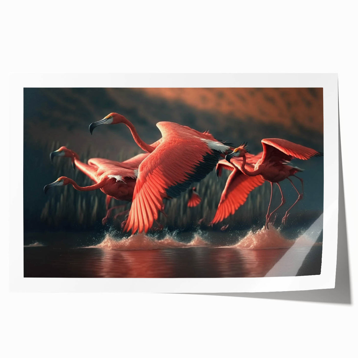 Flamingo-themed wall art print showcasing vibrant pink and green colors, rolled for easy shipping, perfect for stylish home decor or tropical-themed spaces.
