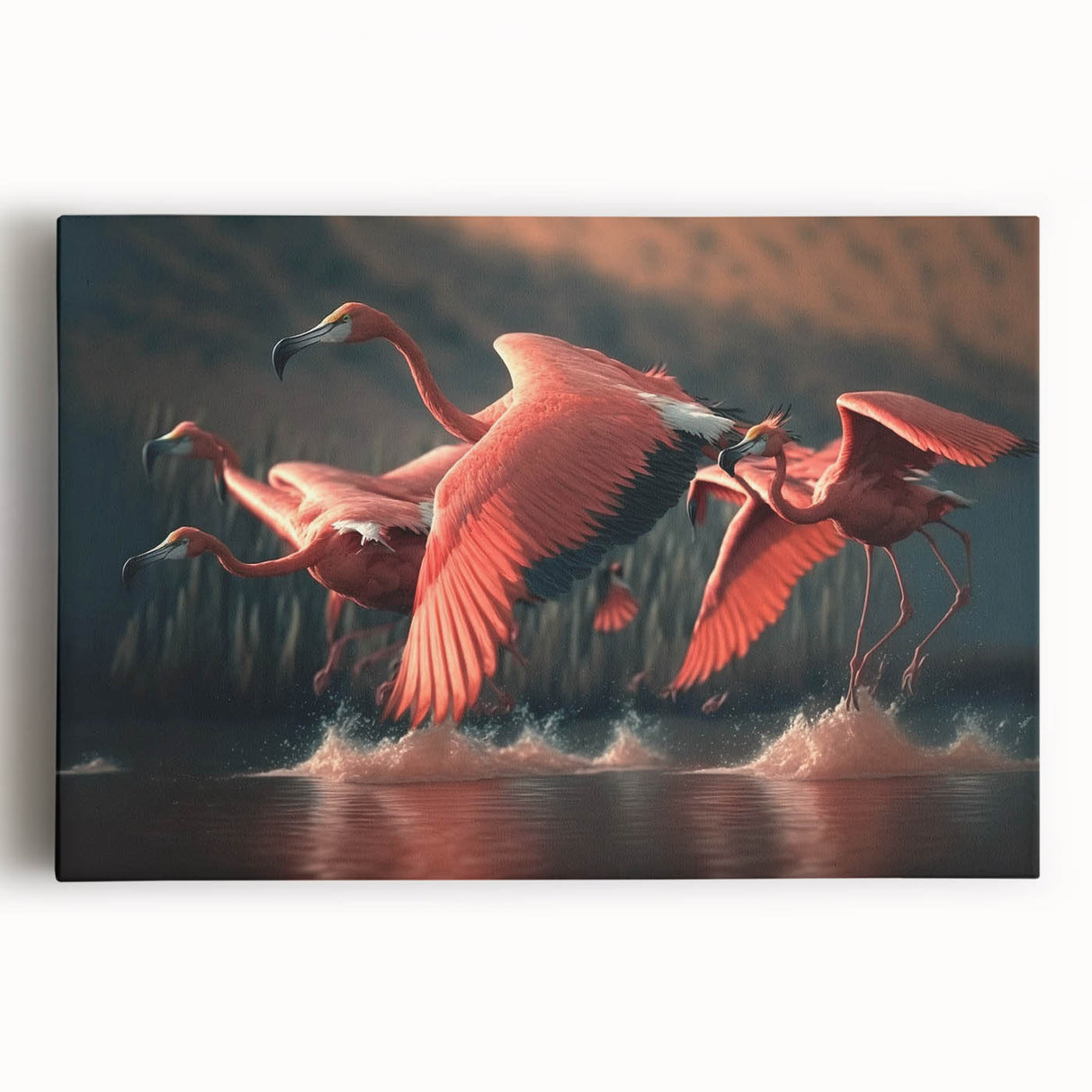 Flamingo-themed stretched canvas wall art showcasing vibrant pink flamingos against a serene blue background, perfect for adding a tropical touch to home decor.