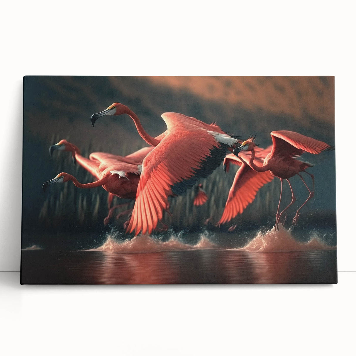 Vibrant flamingo-themed wall art on stretched canvas, showcasing a tropical design with bold colors, perfect for enhancing modern home decor.