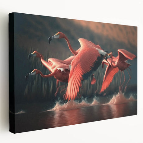 Stretched canvas wall art featuring a vibrant flamingo design, showcasing pink and green hues against a textured background, ideal for tropical-themed decor.
