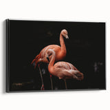 Framed canvas wall art featuring a vibrant flamingo design with a black frame, showcasing tropical colors and intricate details, perfect for modern decor.