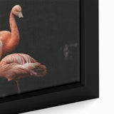 Close-up of a framed canvas featuring a vibrant flamingo design, showcasing intricate details and bold colors, perfect for enhancing modern home decor aesthetics.