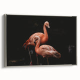 Framed wall art featuring a vibrant flamingo design against a silver background, showcasing intricate details and elegant framing, perfect for modern decor.