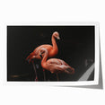 Flamingo-themed wall art print showcasing vibrant pink flamingos against a serene blue background, elegantly rolled for easy framing and display. Perfect for tropical decor enthusiasts.