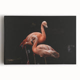 Vibrant stretched canvas artwork featuring a flamingo design, showcasing pink hues and tropical elements, perfect for modern home decor or wall art collection.
