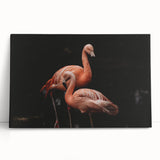 Vibrant flamingo wall art design on a stretched canvas, showcasing vivid pink and green colors, perfect for modern home decor or tropical-themed spaces.