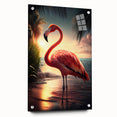 Flamingo wall art collection displayed in acrylic glass, showcasing vibrant pink and green colors with a side view that highlights intricate pin details. Perfect for tropical-themed decor.