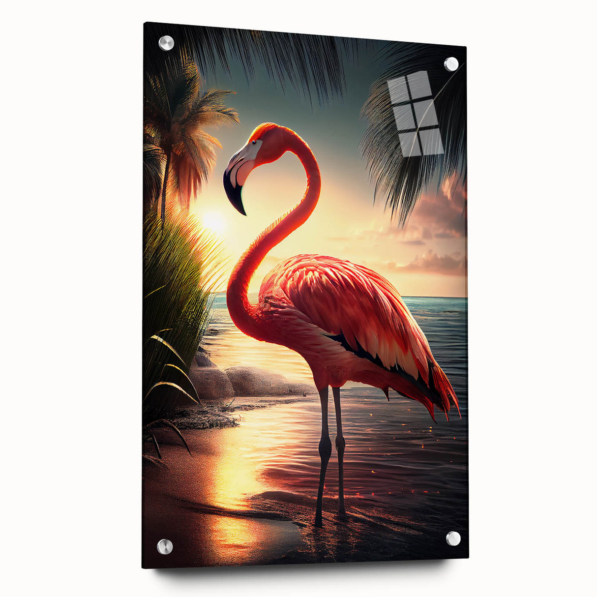 Flamingo wall art collection displayed in acrylic glass, showcasing vibrant pink and green colors with a side view that highlights intricate pin details. Perfect for tropical-themed decor.