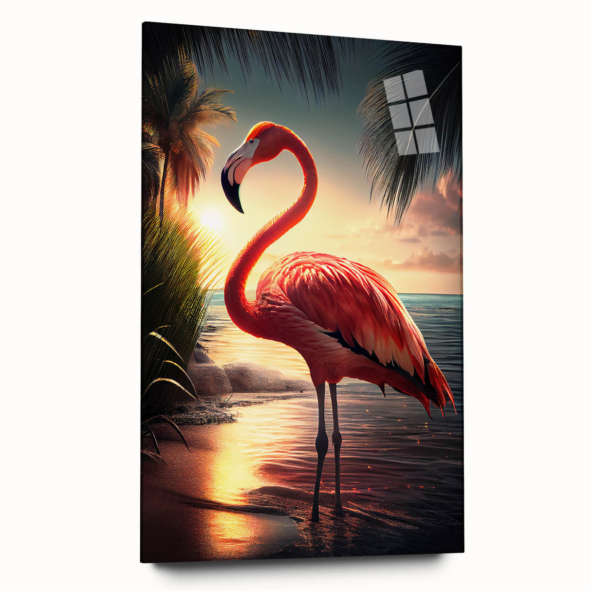 Colorful flamingo wall art design displayed in acrylic glass, showcasing a vibrant tropical aesthetic. Perfect for adding a chic touch to modern home decor.