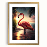 Framed wall art featuring a vibrant flamingo design in pastel hues, elegantly matted and set in a sleek gold frame, perfect for modern decor.